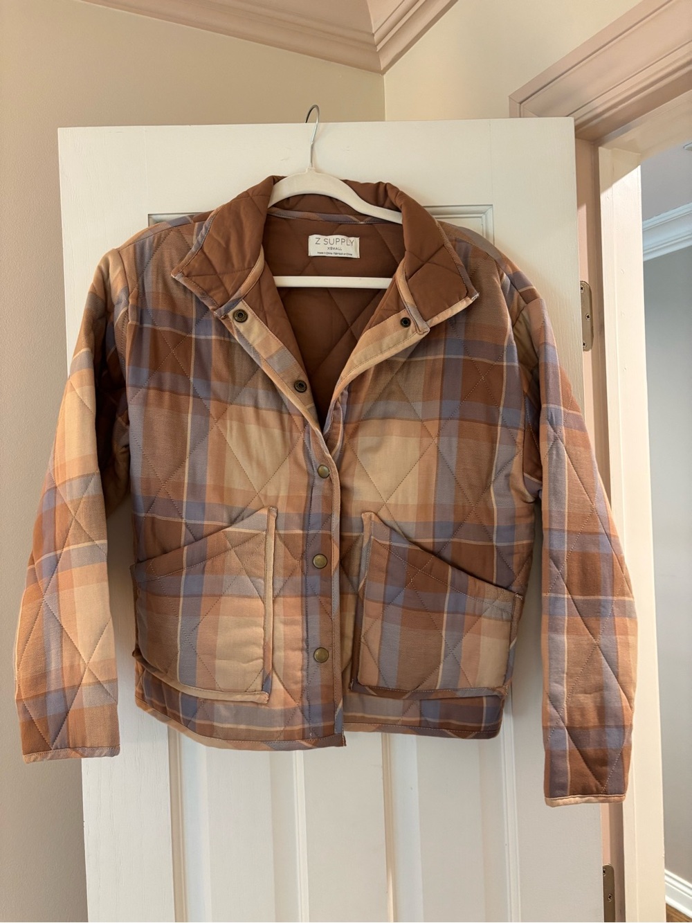 Z Supply Plaid Quilted Puffer Jacket in Brown and Tan